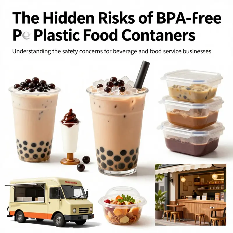 A dynamic collage that showcases various food service sectors emphasizing the importance of safe food containers.