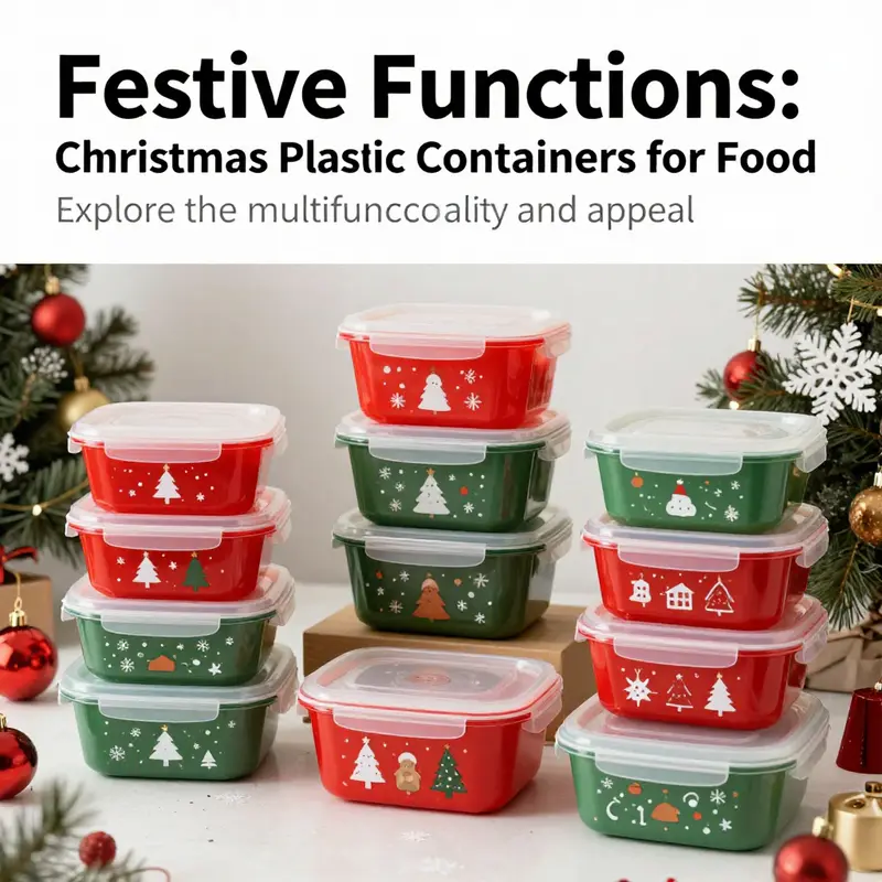 A colorful assortment of Christmas plastic containers surrounded by holiday decorations showcasing their festive appeal.