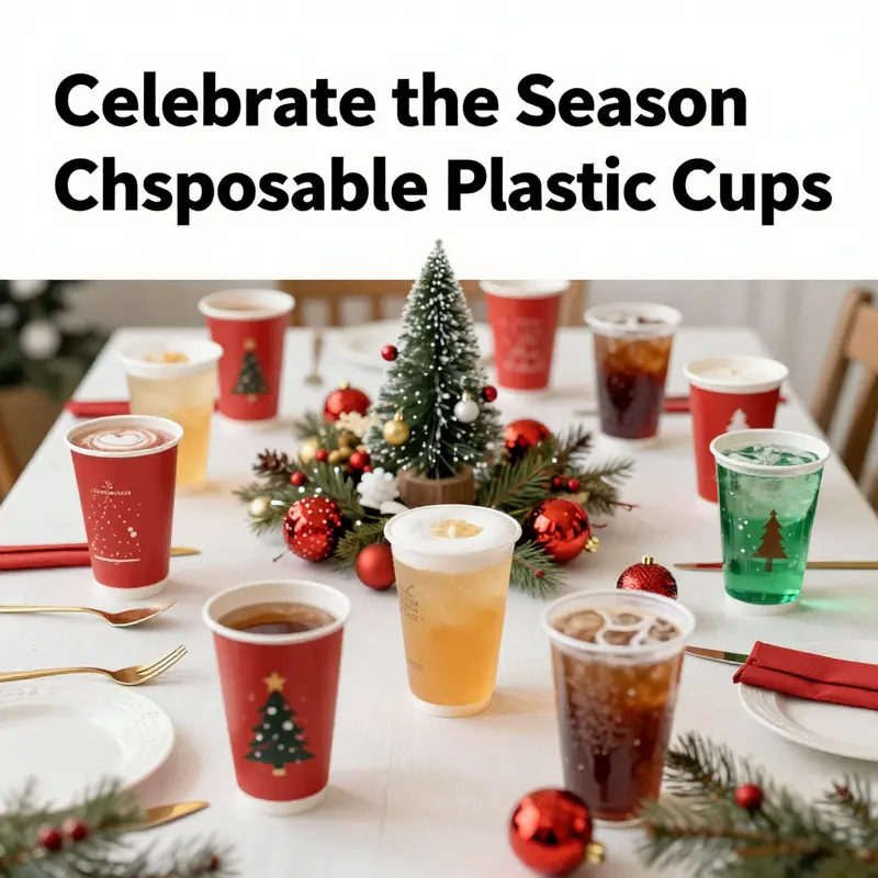 A festive holiday table set with Christmas disposable plastic cups and decorations.