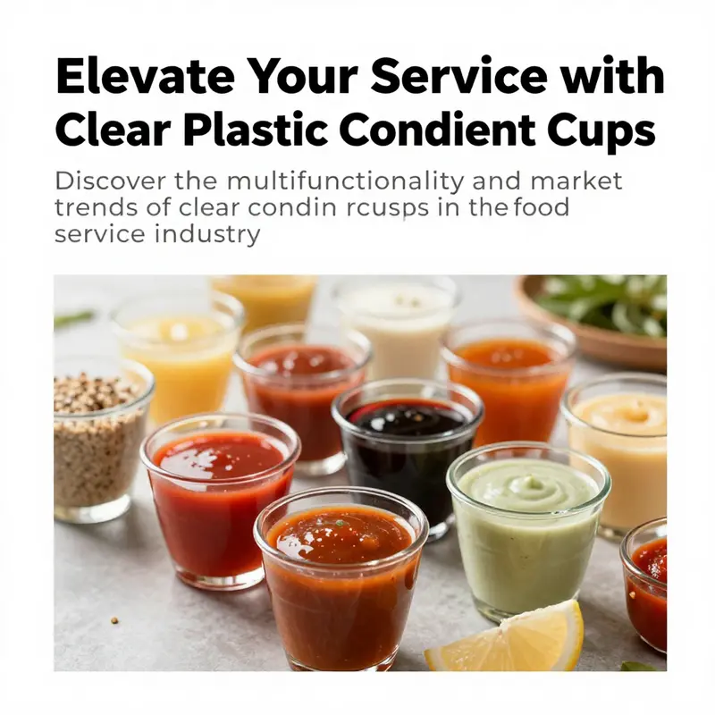 An assortment of clear plastic condiment cups with sauces and toppings displayed colorfully.