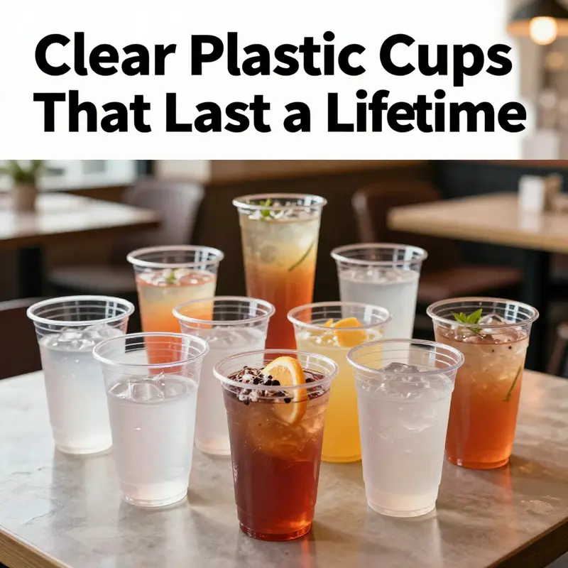An attractive collection of polycarbonate clear plastic cups filled with beverages against a lively background of a restaurant setting.