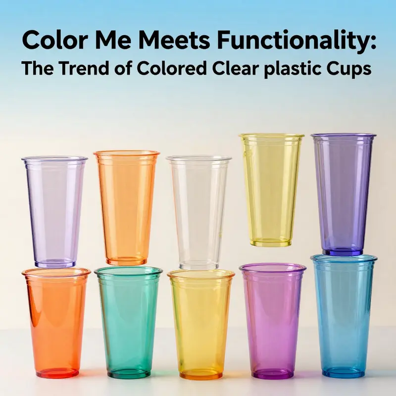 A collage of colored clear plastic cups filled with various drinks, set against a soft gradient background, demonstrating their aesthetic appeal.