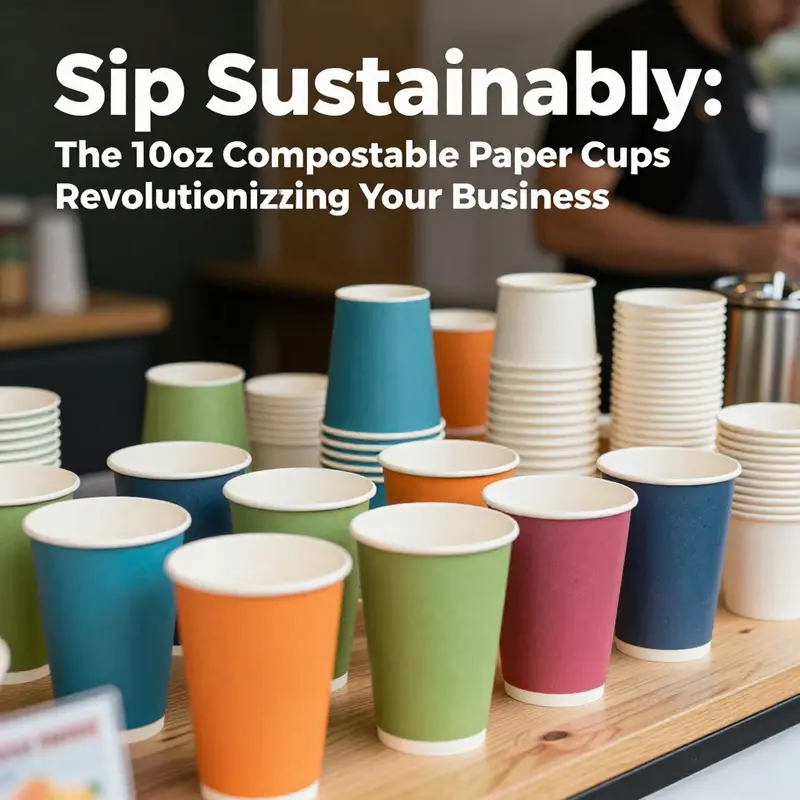 A variety of colorful 10oz compostable cups displayed in different beverage stations highlighting their eco-friendly use.