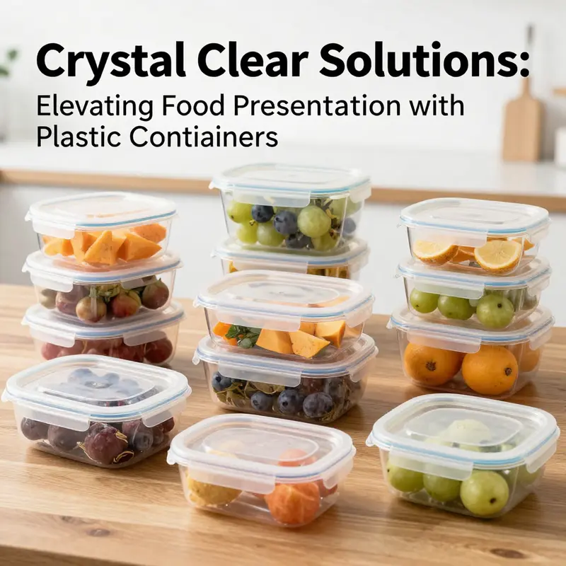 A beautiful arrangement of crystal clear plastic containers filled with fresh food and drinks, reflecting quality and cleanliness.