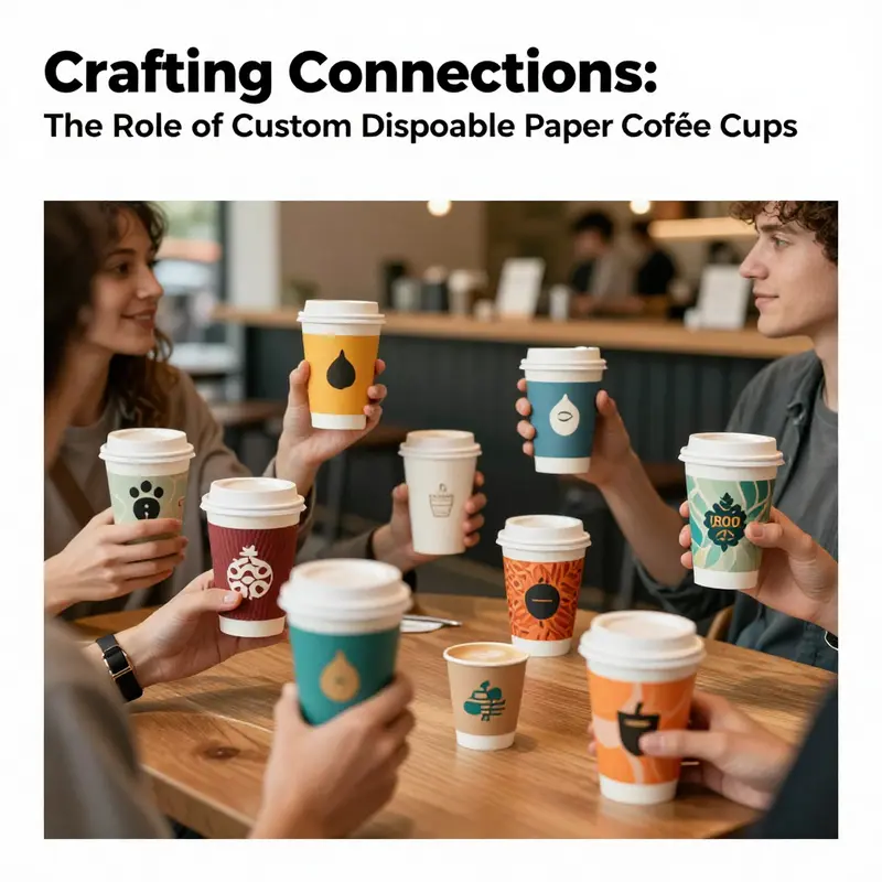 A variety of custom paper coffee cups being used in a café setting, showcasing branding and consumer engagement.