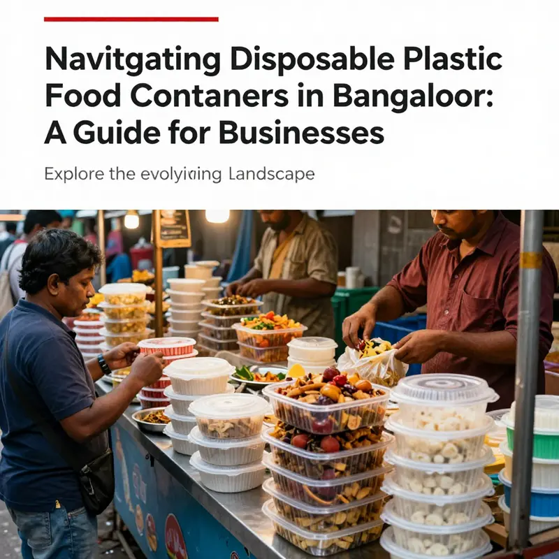 A bustling Bangalore street food market with vendors using various disposable plastic containers for serving food.