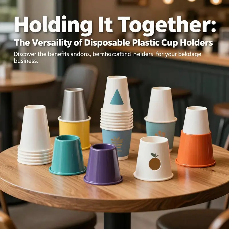 A colorful collection of disposable plastic cup holders arranged artistically on a café table.