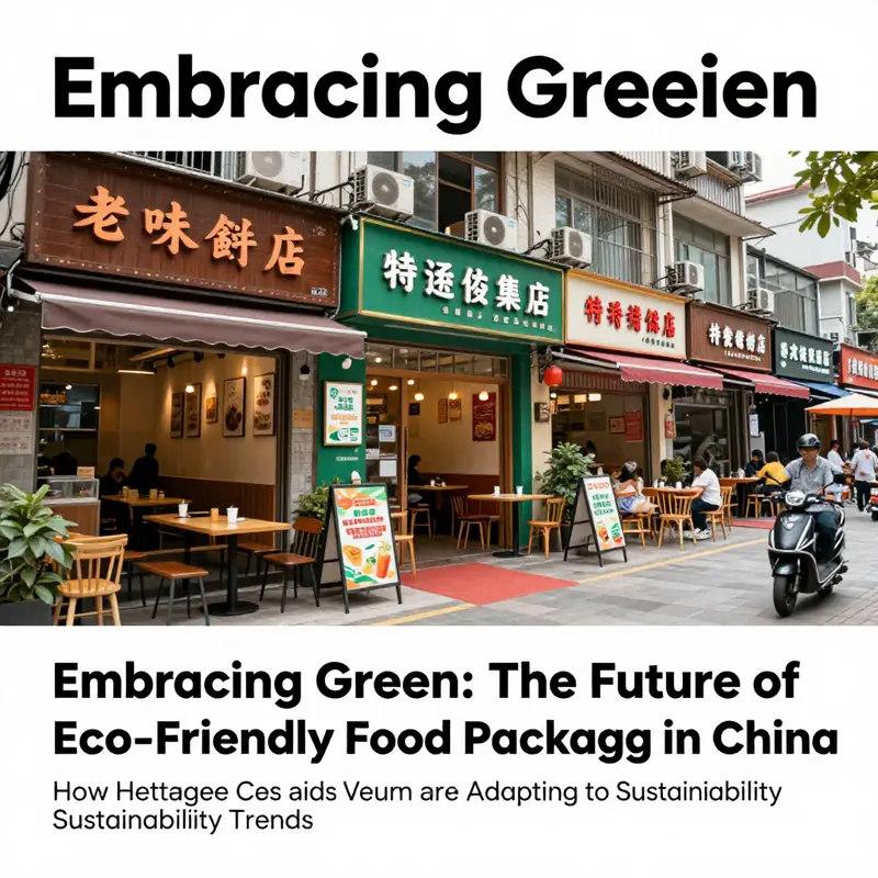 A bustling street in China filled with restaurants and beverage shops using eco-friendly packaging, emphasizing community efforts towards sustainability.