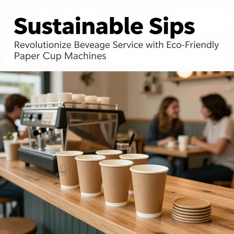 A vibrant café atmosphere with eco-friendly paper cups featuring nature-inspired designs, representing sustainability in daily life.