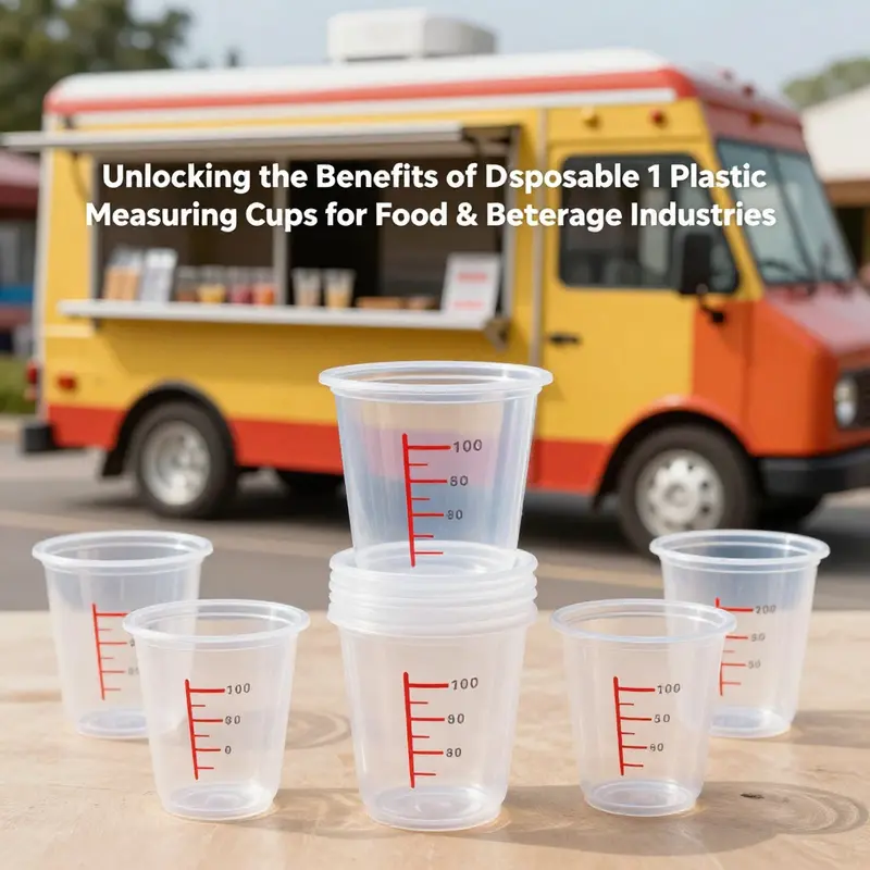 An assortment of disposable measuring cups featured in a vibrant food service scenario.