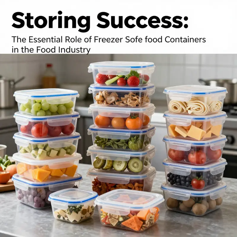 Array of freezer-safe plastic food containers filled with food items in a busy kitchen environment.