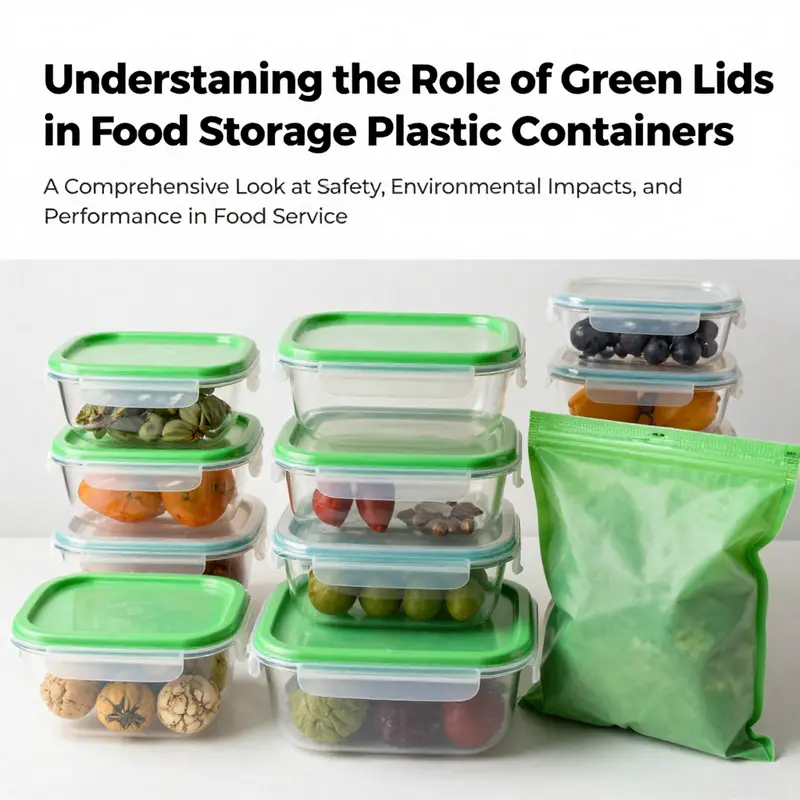 An assortment of food storage options including green-lidded plastic containers, glass jars, and silicone bags, representing sustainable practices.