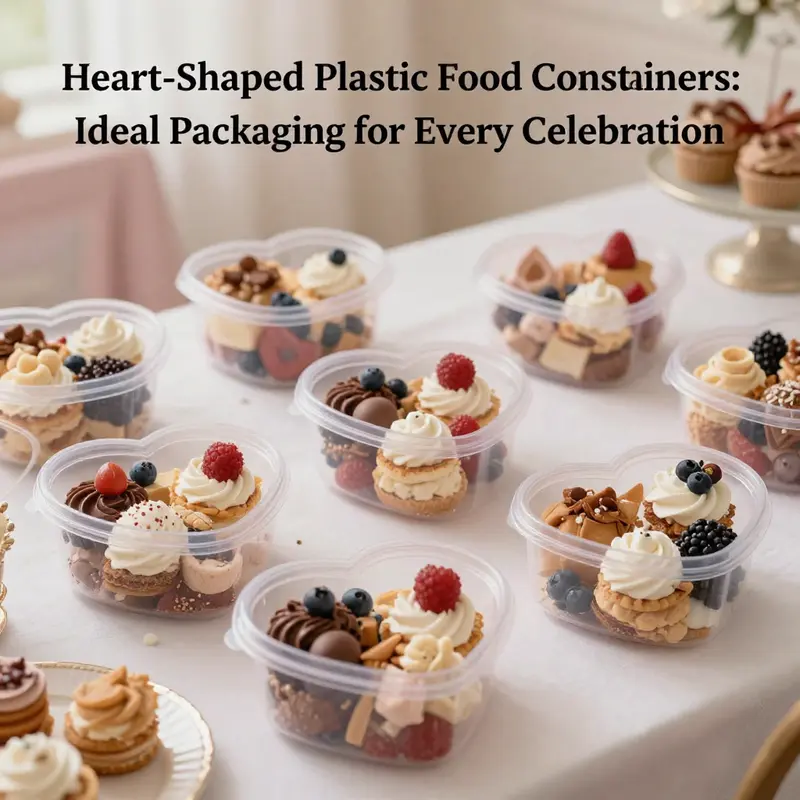 An inviting arrangement of heart-shaped plastic food containers filled with various treats, set in a romantic and festive atmosphere.