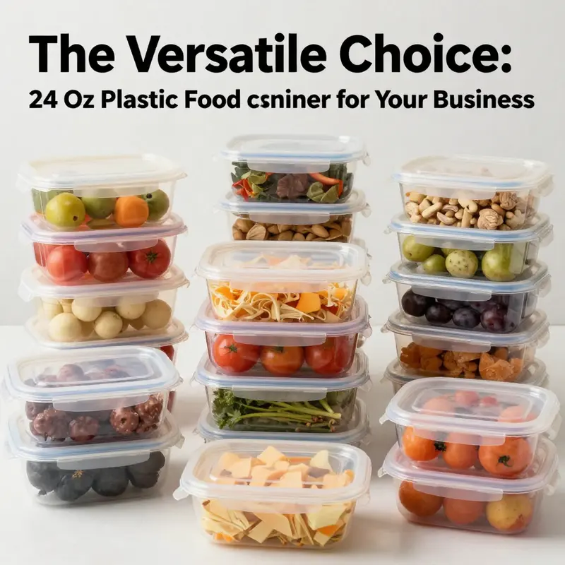 An attractive display of 24 oz plastic food containers filled with diverse food items.