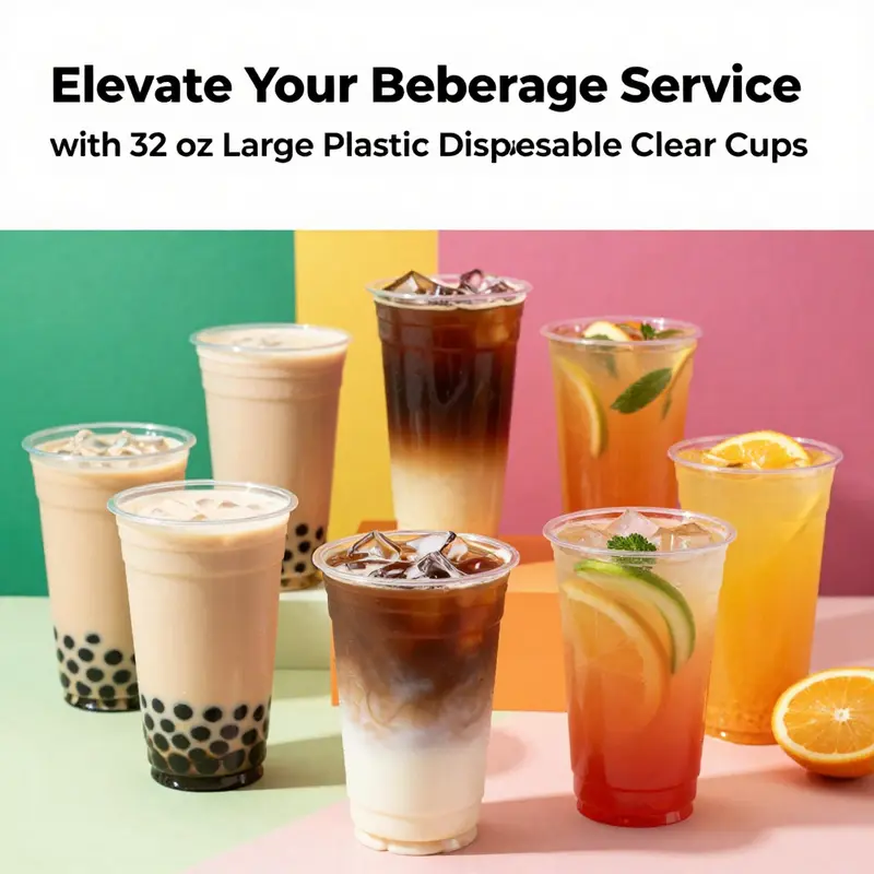 An assortment of beverages served in 32 oz clear disposable cups, presenting an inviting and colorful display.