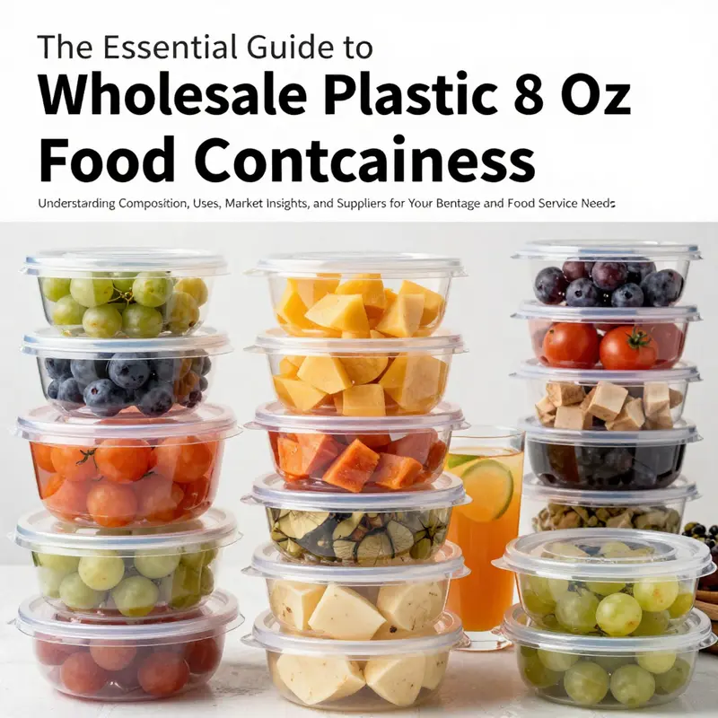 A colorful collage of 8 oz plastic food containers, each containing different food items, showcasing their versatility in food service.