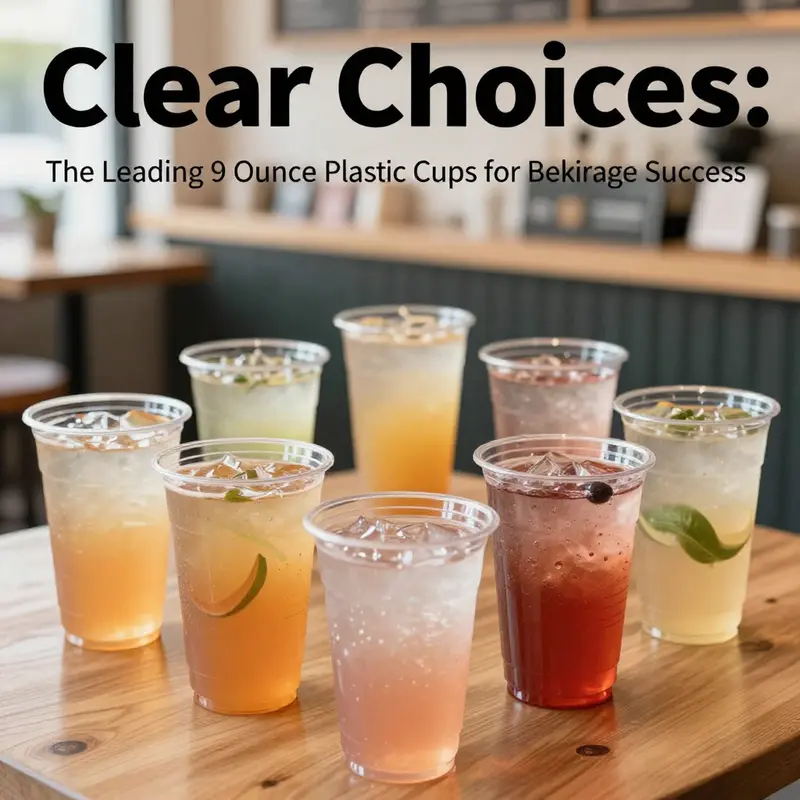 A colorful array of 9-ounce clear plastic cups filled with different drinks arranged in a cozy café environment.