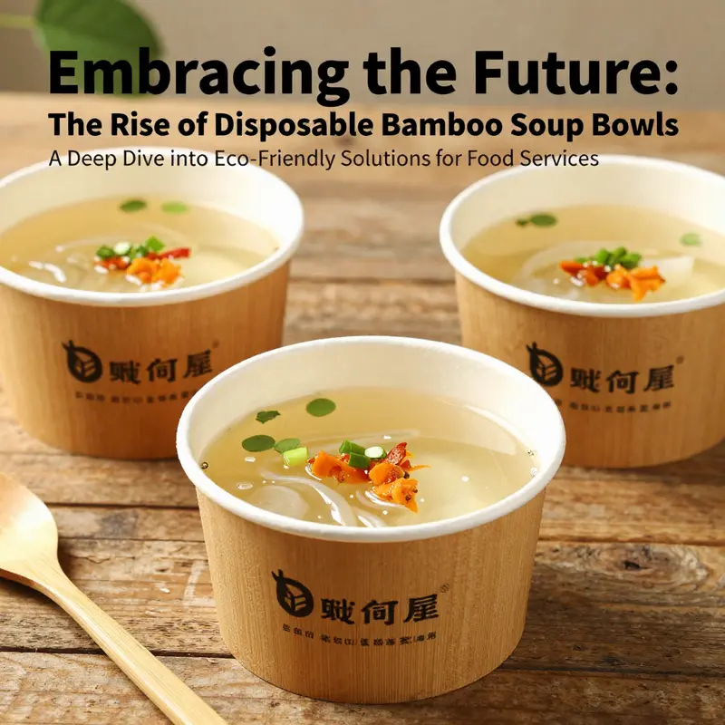 Close-up of beautifully arranged bamboo soup bowls filled with colorful soup on a rustic wooden table.