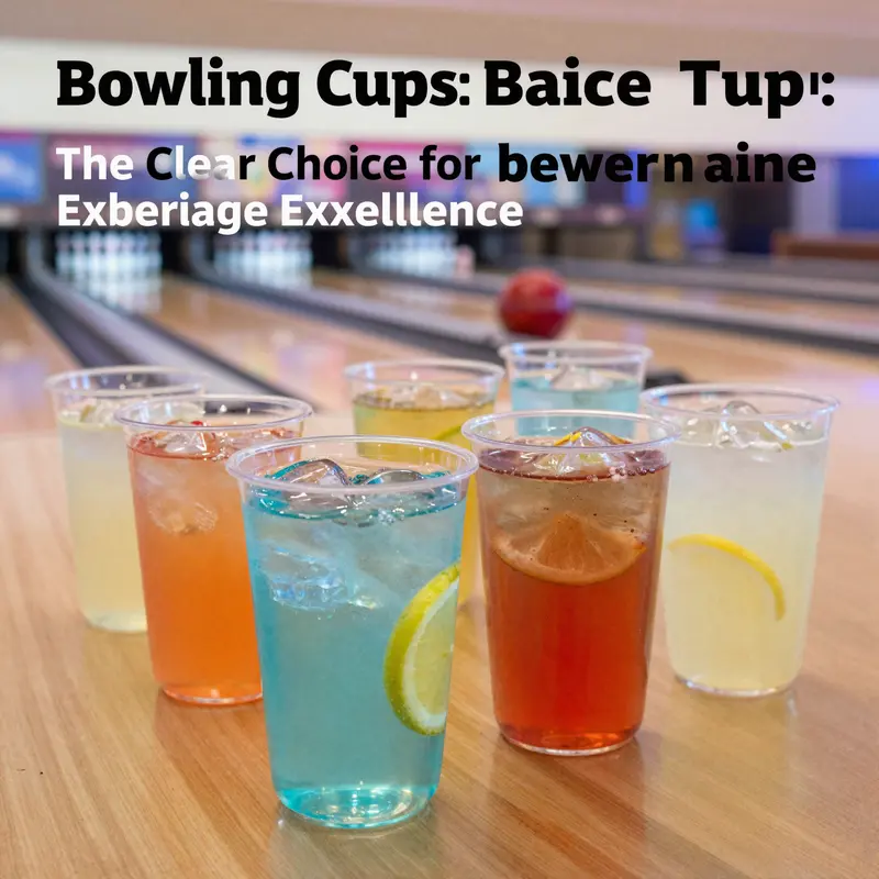 A colorful array of clear plastic bowling cups filled with different beverages against a dynamic bowling alley backdrop.