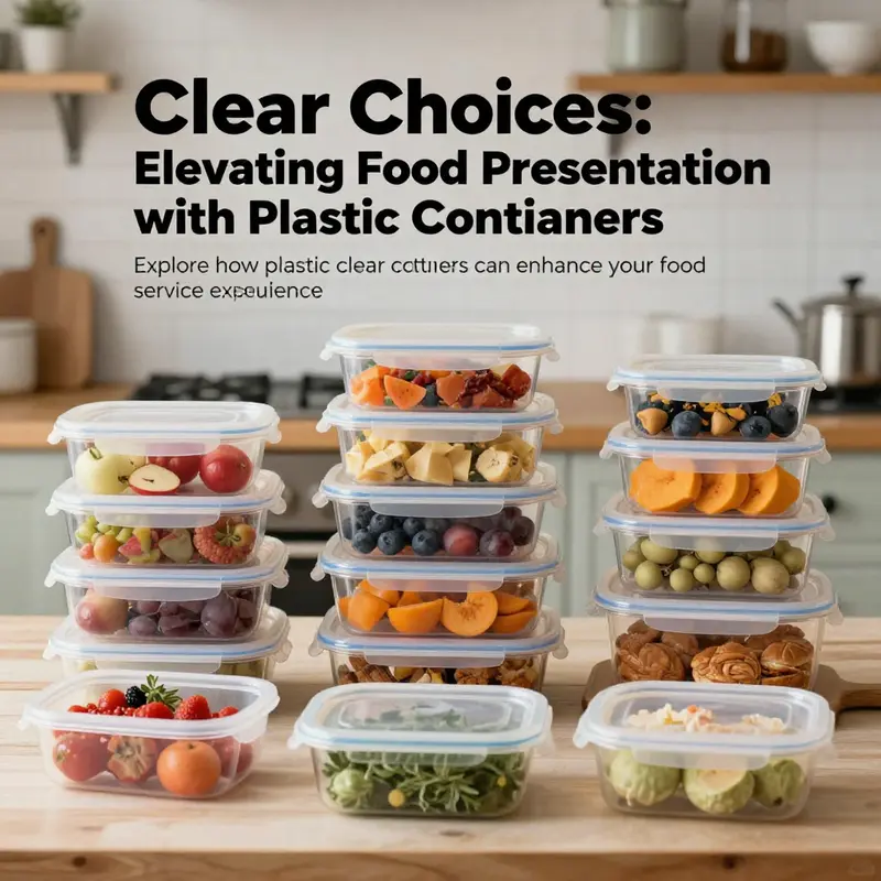 An assortment of clear plastic containers filled with food, displayed attractively in a rustic kitchen setting.