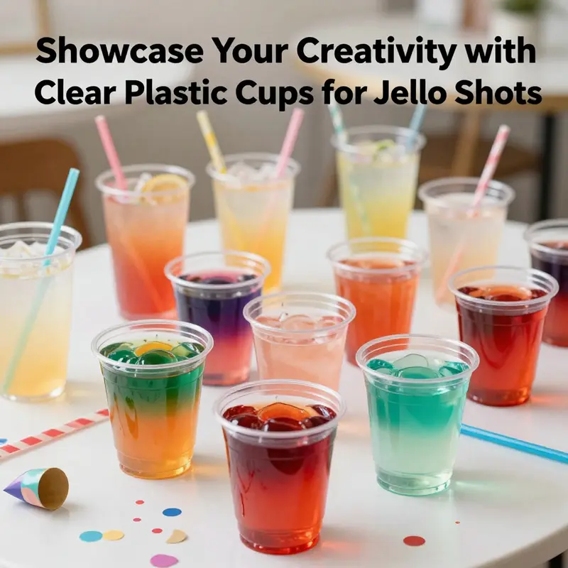A beautifully arranged table displaying vibrant jello shots in clear plastic cups, enhancing the festive atmosphere.