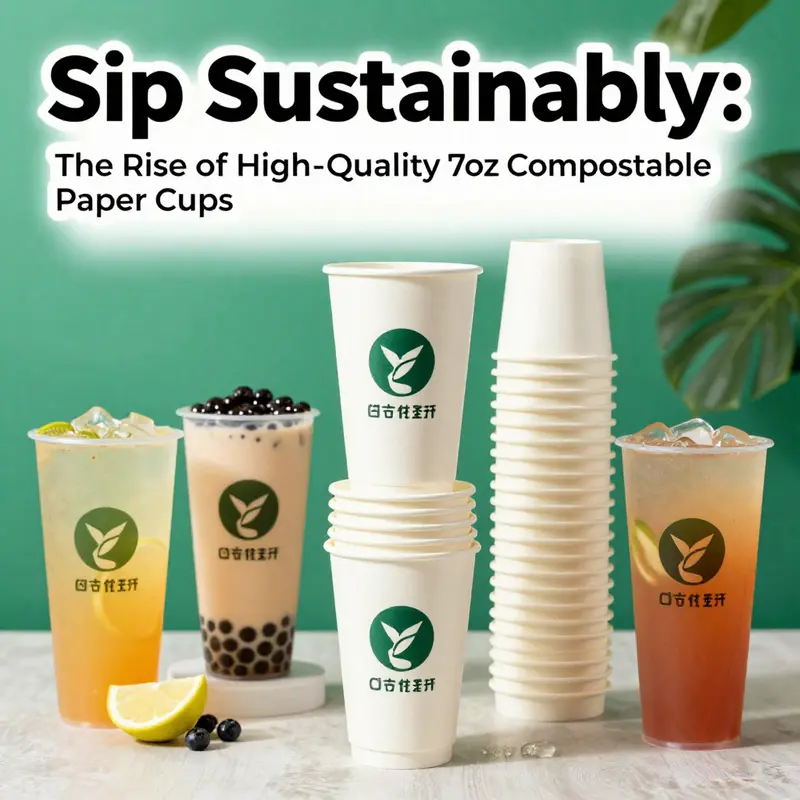 A stack of 7oz compostable paper cups with colorful drinks in a bubble tea shop setting, emphasizing eco-friendliness.