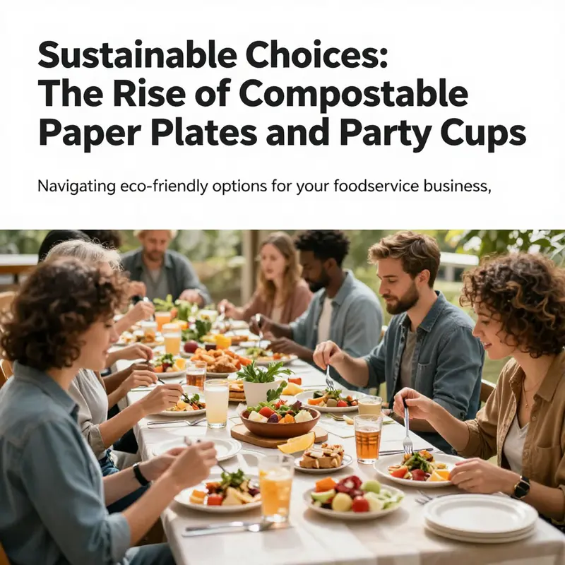 An engaging outdoor scene filled with guests enjoying food served on eco-friendly compostable plates and cups.