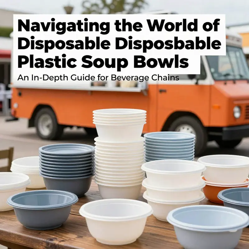 Diverse array of disposable plastic soup bowls displayed in contexts like food trucks and restaurants, illustrating their versatility.