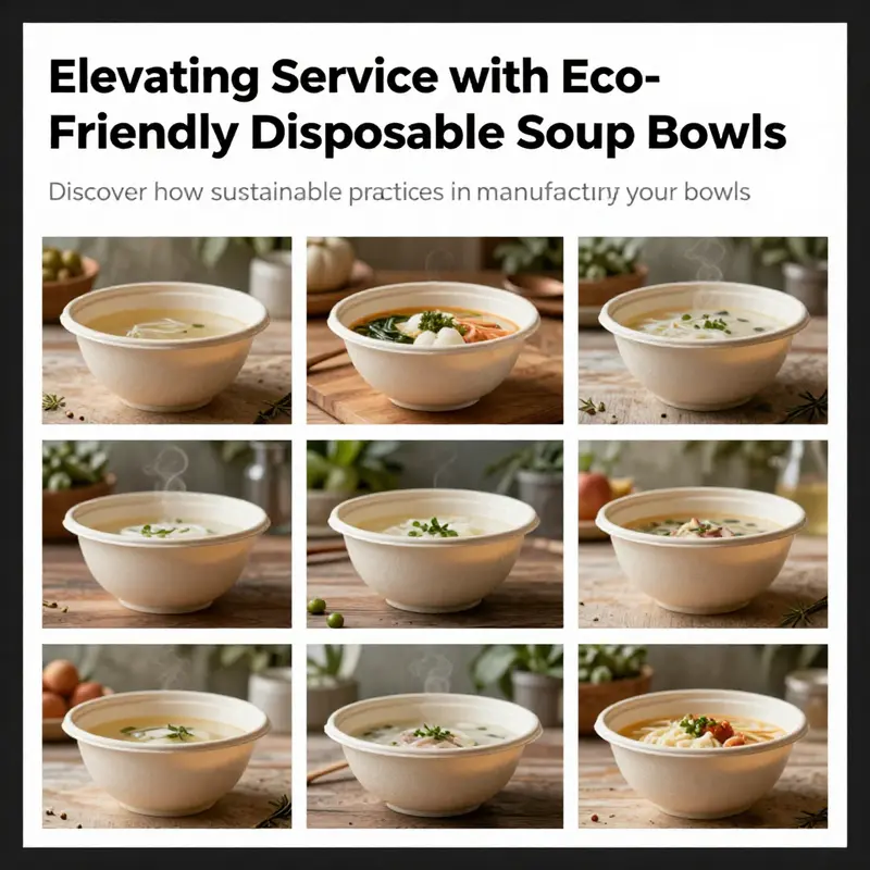 A creative collage showing eco-friendly disposable soup bowls in use at restaurants, events, and home settings.