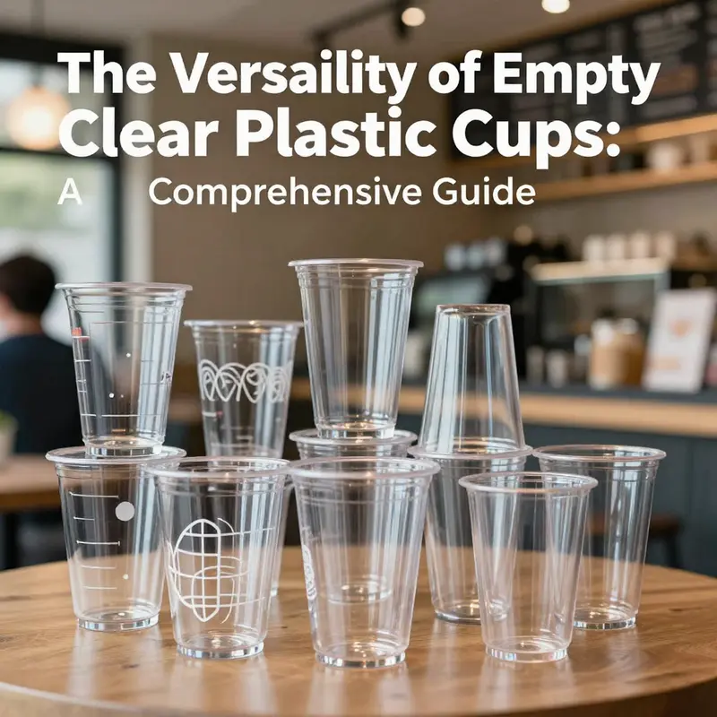 A lively cafe scene with various empty clear plastic cups, emphasizing their importance in modern beverage service.