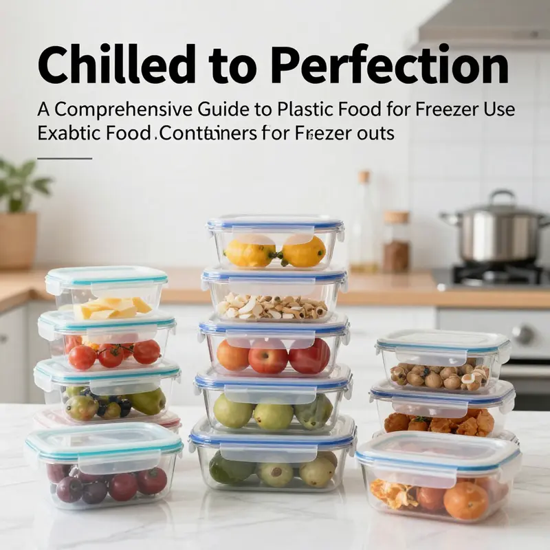 Various food storage containers for freezing, including plastic, glass, and stainless steel, in a vibrant kitchen setting.