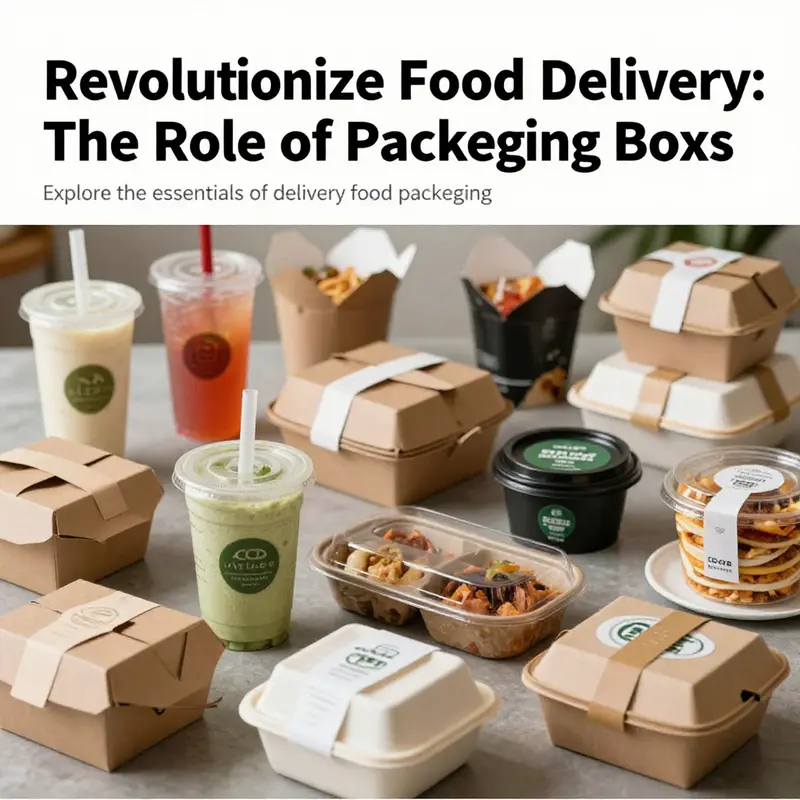 A vibrant collage of different delivery food packaging styles, highlighting innovation and diversity in food delivery solutions.