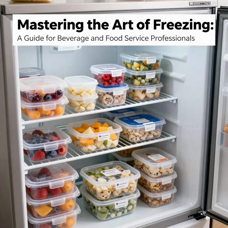 A commercial freezer filled with neatly organized plastic containers holding frozen food items, highlighting effective freezing practices.