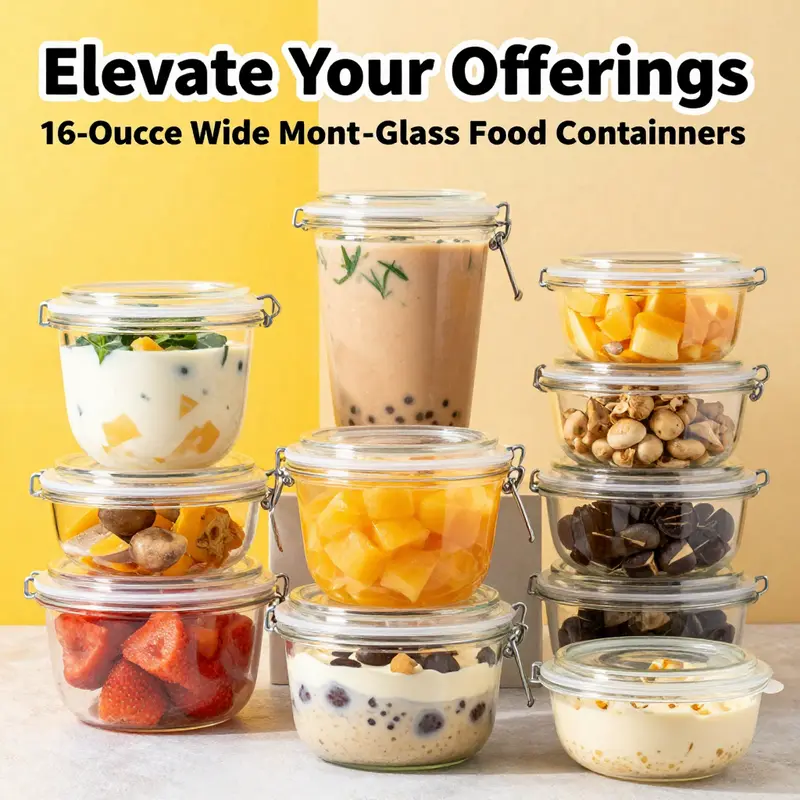 A visually appealing collection of 16-ounce wide mouth glass food containers displaying an array of colorful beverages and foods.