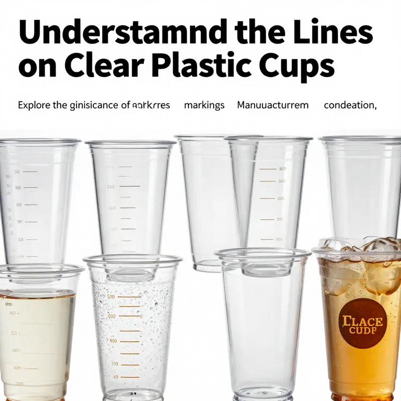 A collage showing clear plastic cups with various markings, seams, condensation, and branding.
