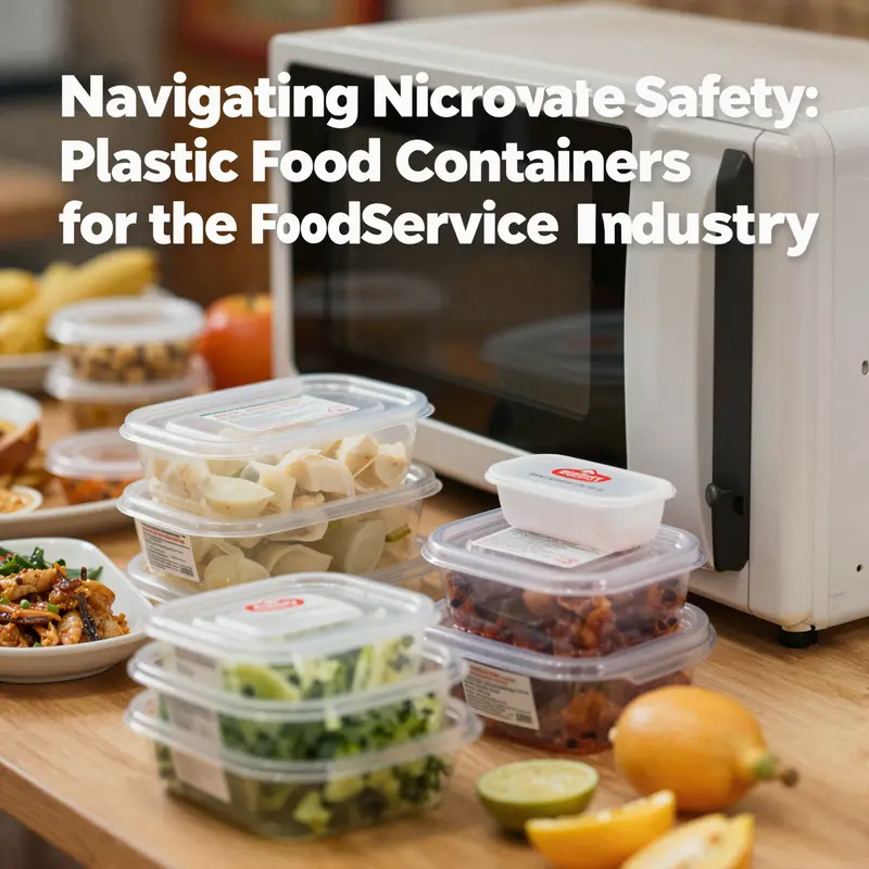 A lively food service environment where professional staff is using microwave-safe plastic food containers, emphasizing safety.