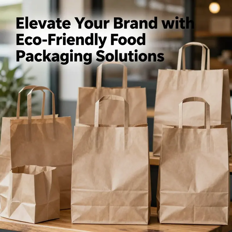 An array of disposable food packaging paper bags with flat handles in a picturesque outdoor setting.
