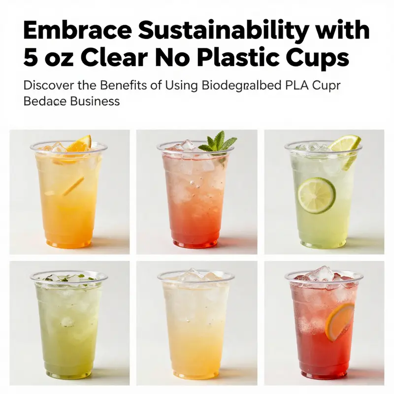Collage of 5 oz clear PLA cups filled with various colorful beverages emphasizing sustainability.