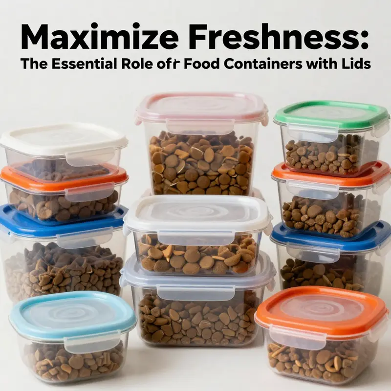 A vibrant collection of plastic dog food containers with lids demonstrating different shapes, sizes, and uses.