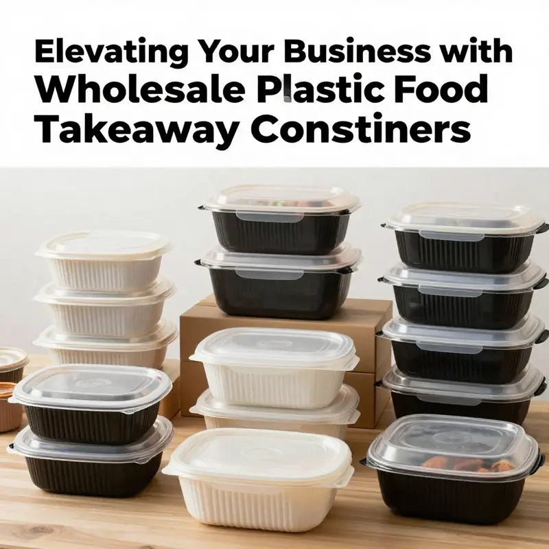 A collection of stylish plastic food takeaway containers showcased in multiple food service environments.