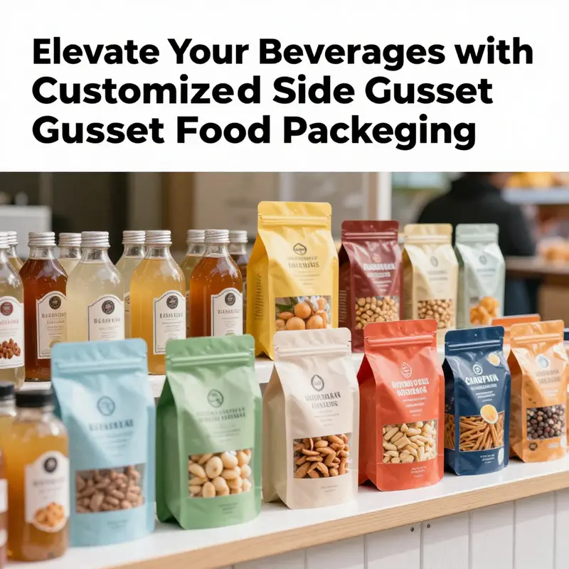 A vibrant display of various products in customized side gusset bags at a market.