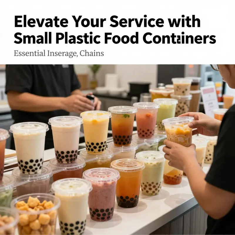 A bustling bubble tea shop displaying colorful small plastic food containers filled with drinks and snacks.