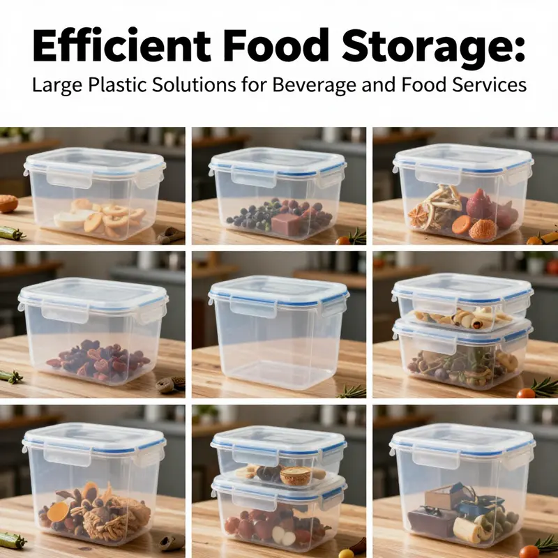 Collage of large plastic storage containers used in various food service settings, highlighting their versatility.