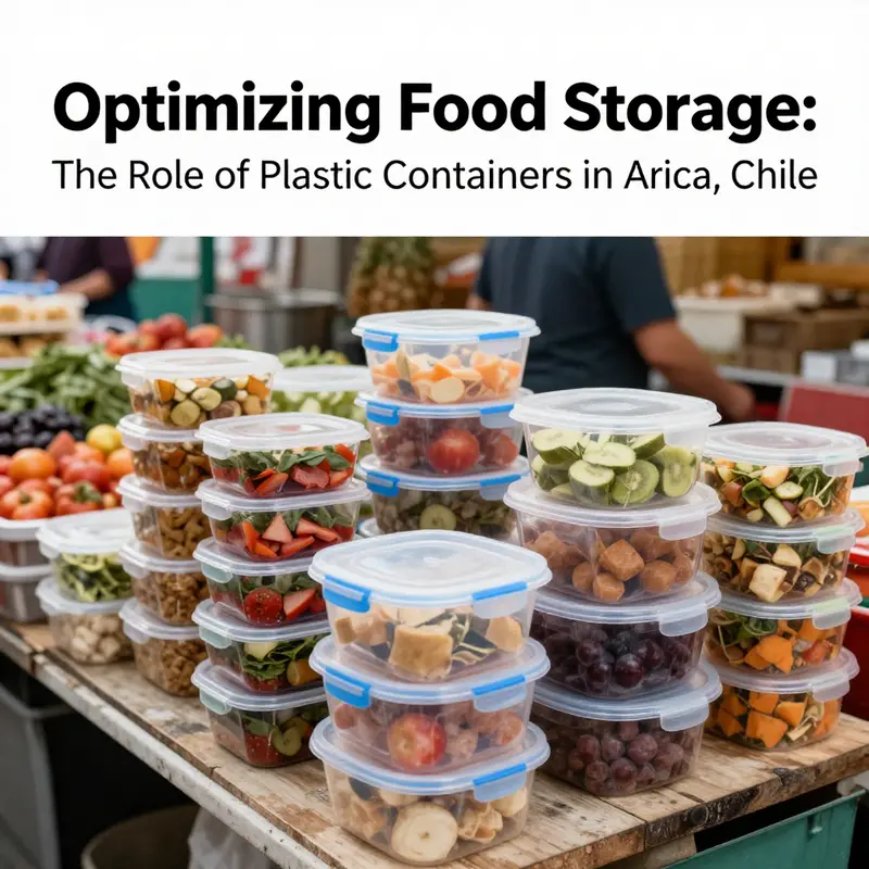 An engaging scene of food-grade plastic containers in active use at a market in Arica, illustrating innovation in food storage.