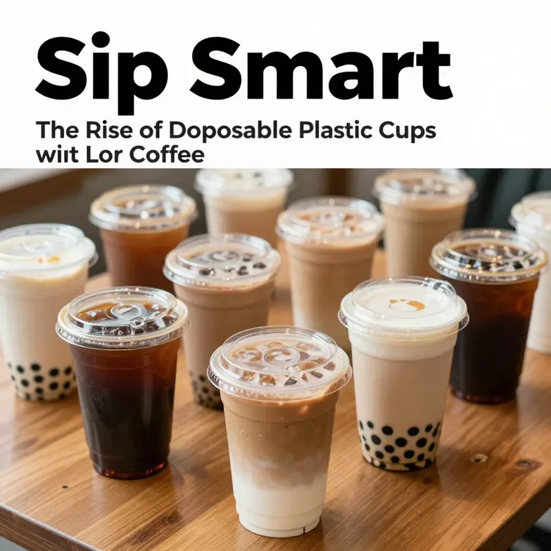 A vibrant display of disposable plastic cups with lids, filled with coffee and bubble tea on a wooden surface.