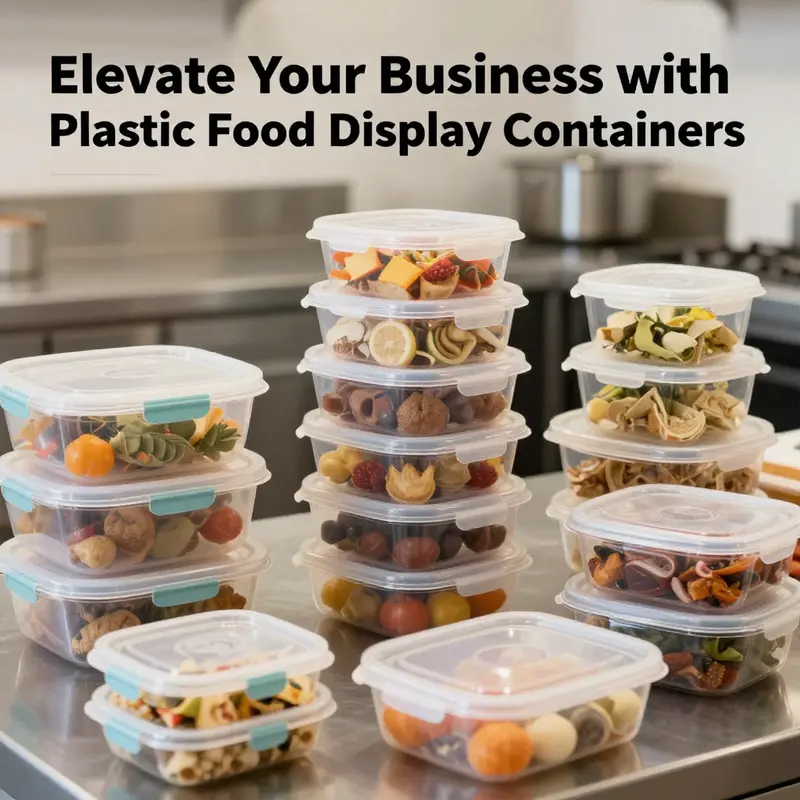 An assortment of plastic food display containers showcasing different food items in an appealing culinary setting.