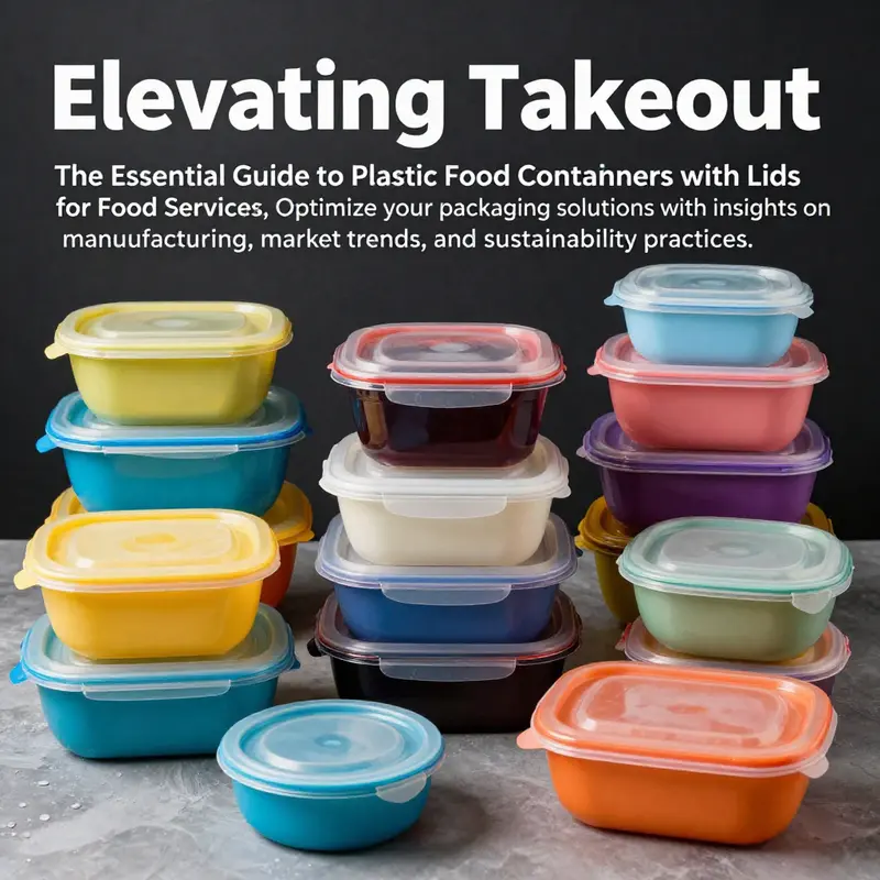 Colorful plastic food containers with lids arranged artistically, showcasing their variety and applications in the food service industry.