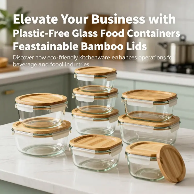 An assortment of plastic-free glass food containers with bamboo lids arranged in a stylish kitchen setting.