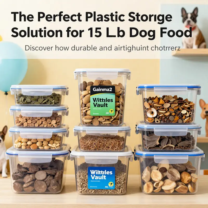 A vibrant arrangement of plastic storage containers for dog food, highlighting their visual appeal and purpose within a pet-friendly environment.