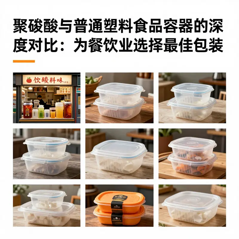 展示聚碳酸酯与普通塑料容器在餐饮业的应用场景，全景展示不同使用情况。